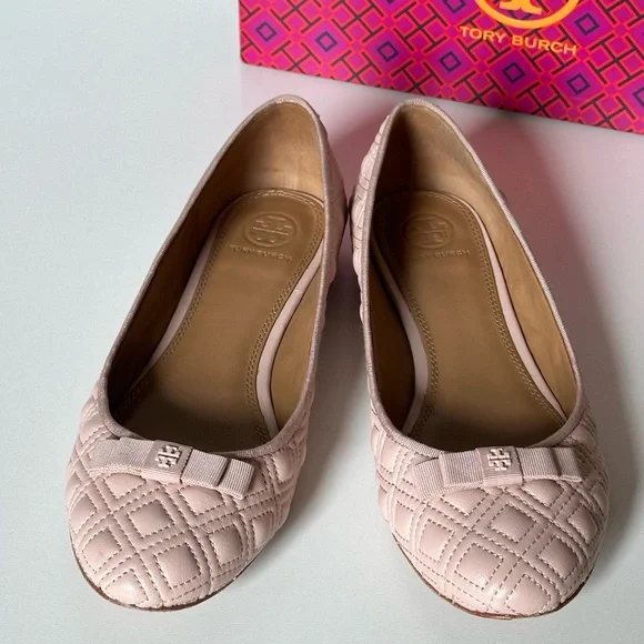 Tory Burch Marion Seashell Pink Seas Quilted Ballet Flats Shoes